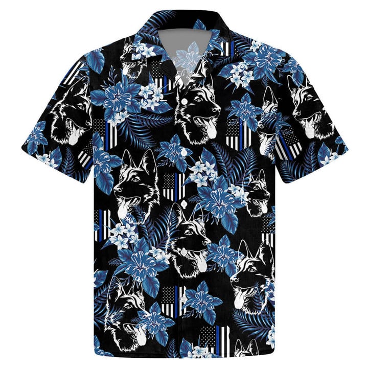 Thin Blue Line Hawaiian Shirt German Shepherd Police Seamless Pattern Hawaiian Shirt, Hawaiian Shirt For Men