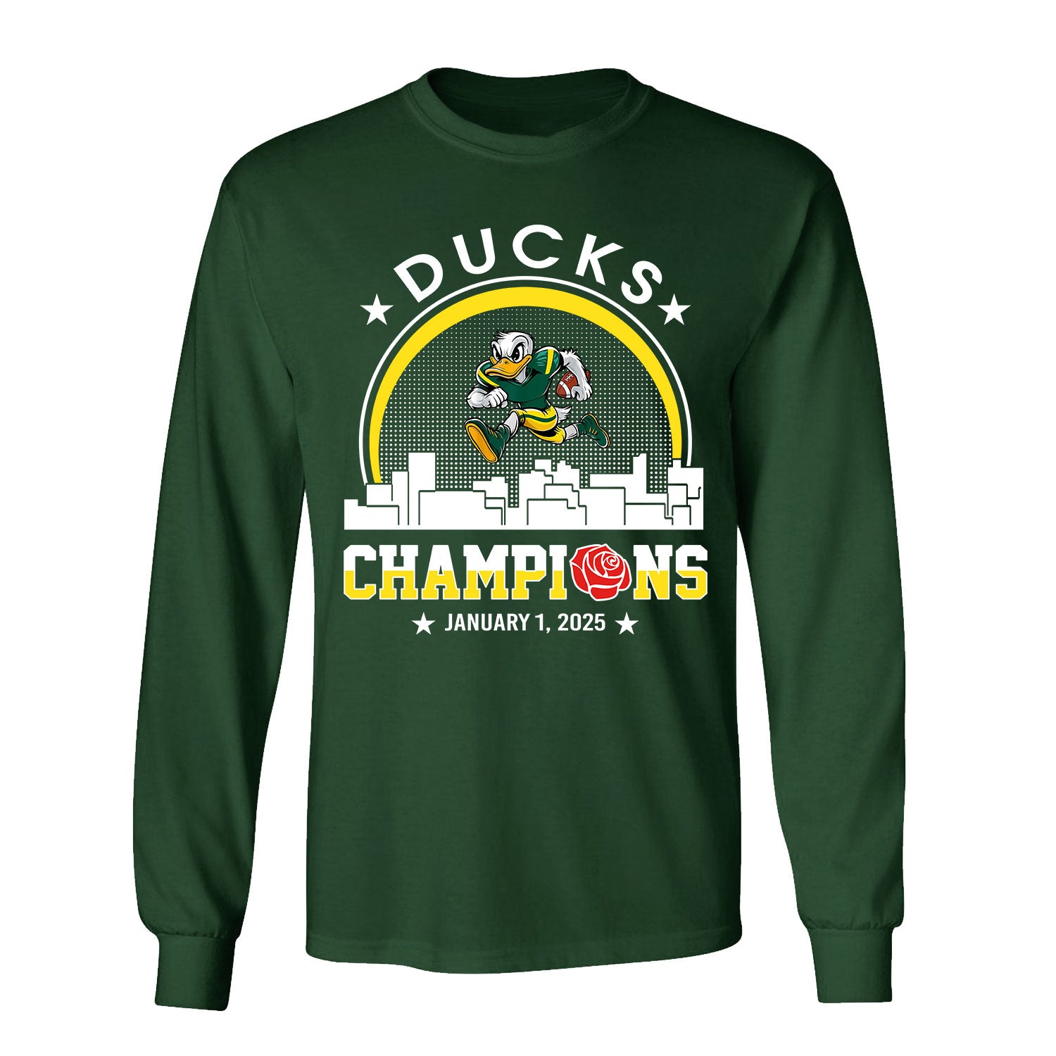 Ducks Football 2025 Rose Champions Skyline Long Sleeve Shirt, 2025 Rose Champs Long Sleeve Shirts For Ducks Football Fans Shirtstore24H