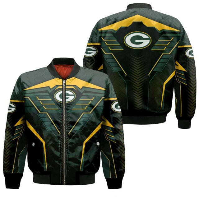 Green Bay Packers Team Logo 3D Pattern Bomber Jacket Dark Green