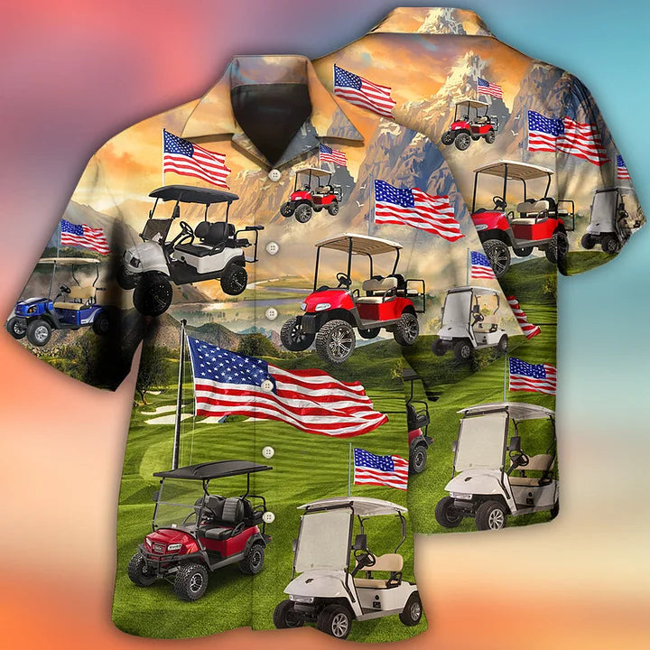 Golf Aloha Hawaiian Shirts For Summer, Golf Club Car Usa Flag Independence Day Hawaiian Shirts For Men Women