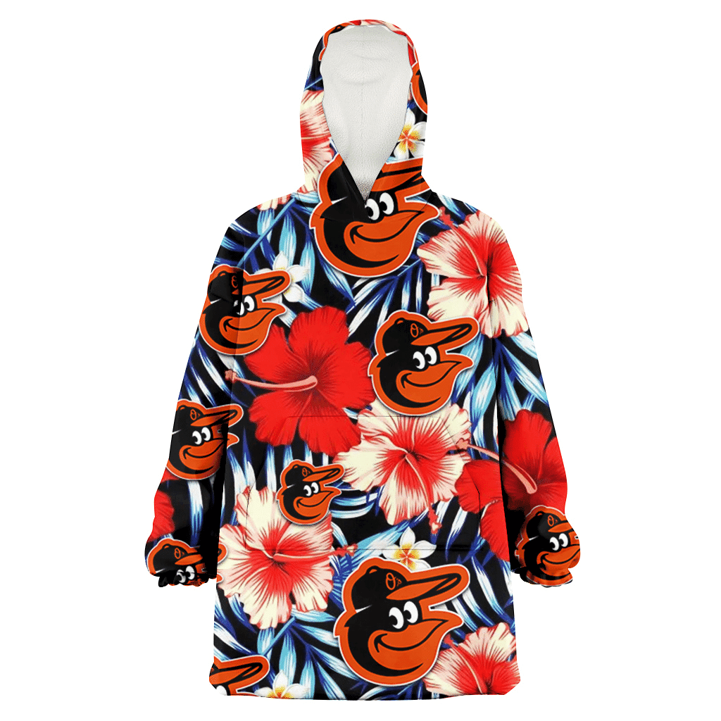 Baltimore Orioles Coral Red Hibiscus Blue Palm Leaf Black Background 3D Printed Hoodie Blanket Snug Hoodie