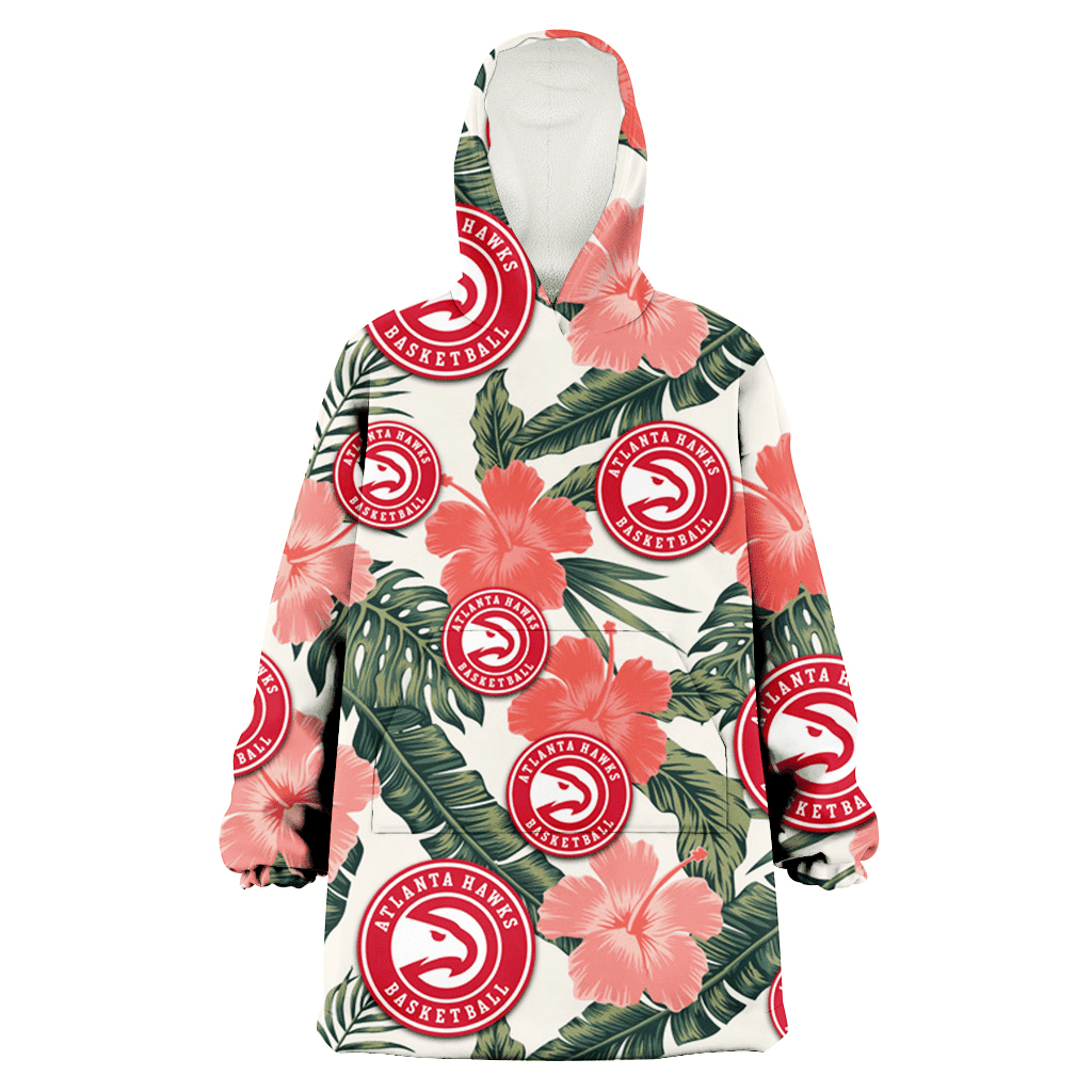 Atlanta Hawks Pink Coral Hibiscus Banana Leaf Beige Background 3D Printed Hoodie Blanket Snug Hoodie