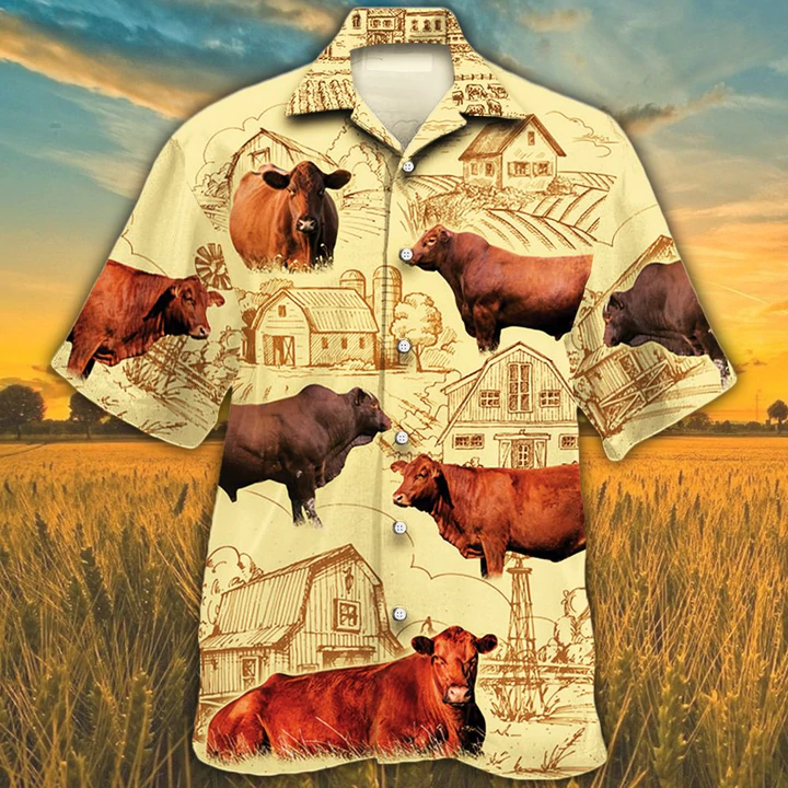 Red Angus Cattle 2 Lovers Farm Hawaiian Shirt, Farm Cow Short Sleeve Hawaiian Aloha Shirt For Men, Women