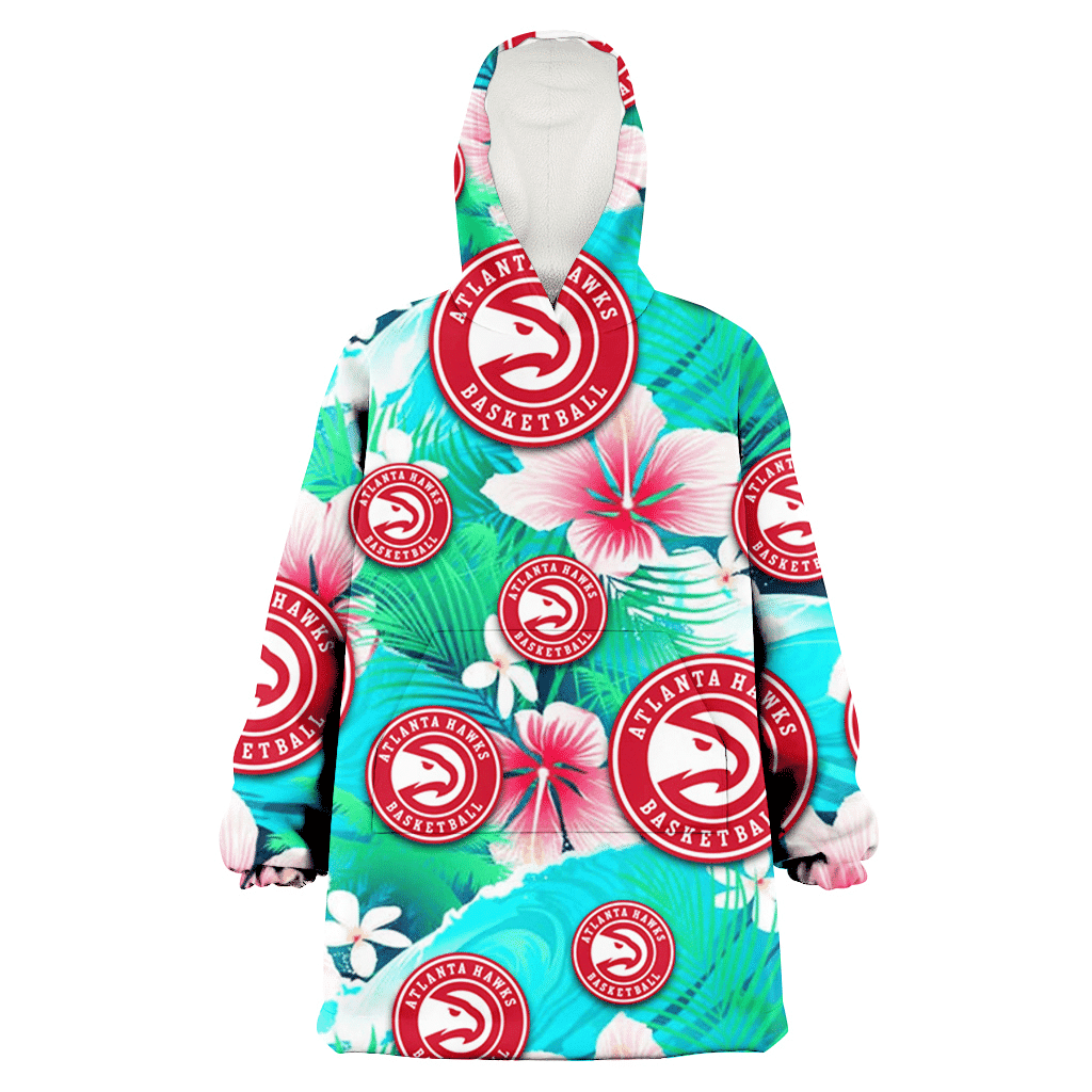 Atlanta Hawks Pink Hibiscus Green Leaf Blue Background 3D Printed Hoodie Blanket Snug Hoodie