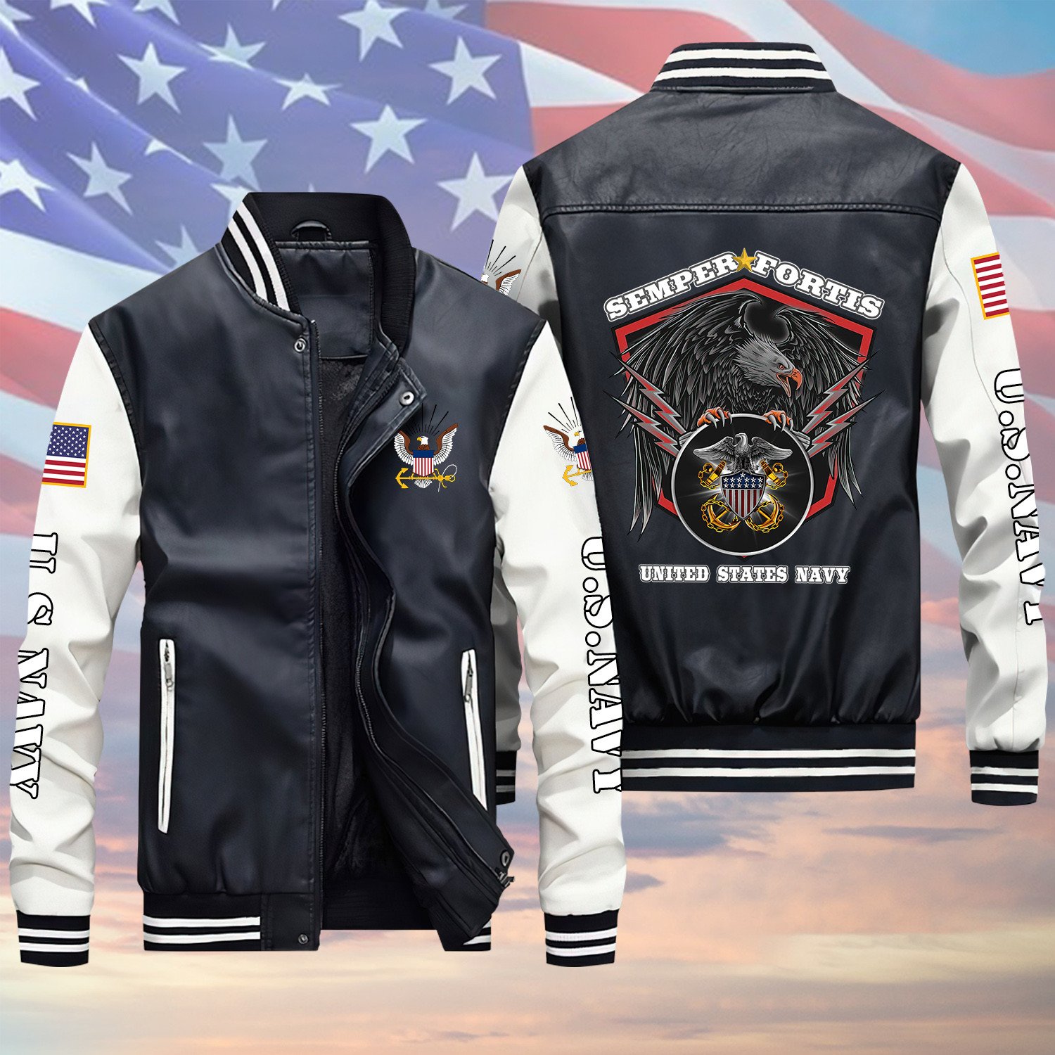 Semper Fortis US Navy Veteran Black Winter Gear Leather Bomber Leterman Varsity Jacket