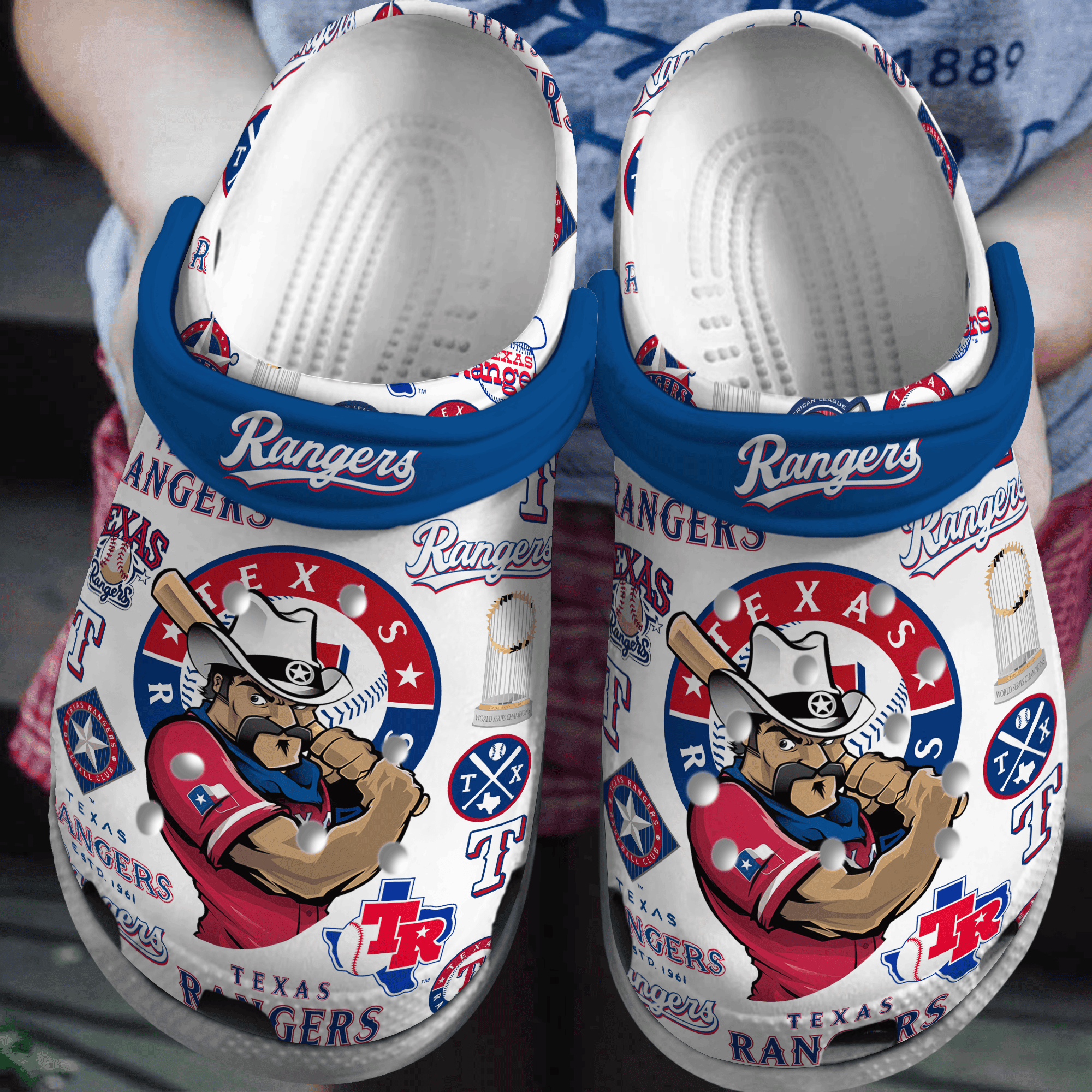 Texas Rangers Logo Baseball MLB Cheer Mascot White And Navy Blue Crocss Classic Clogs Shoes Ver424