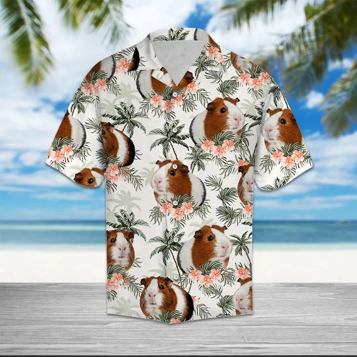 Guinea Pig With Flowers And Leaves Hawaiian Shirt, Summer Short Sleeve Hawaiian Aloha Shirt