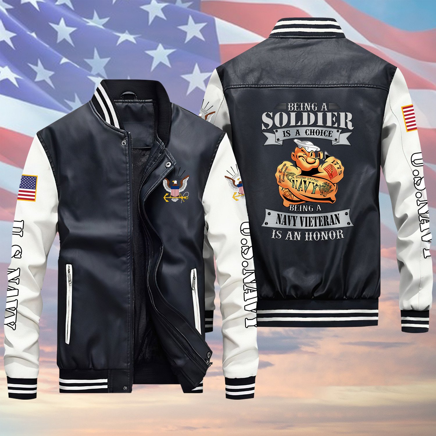 Being Soldier Is A Choice US Navy Veteran Black Winter Gear Leather Bomber Leterman Varsity Jacket