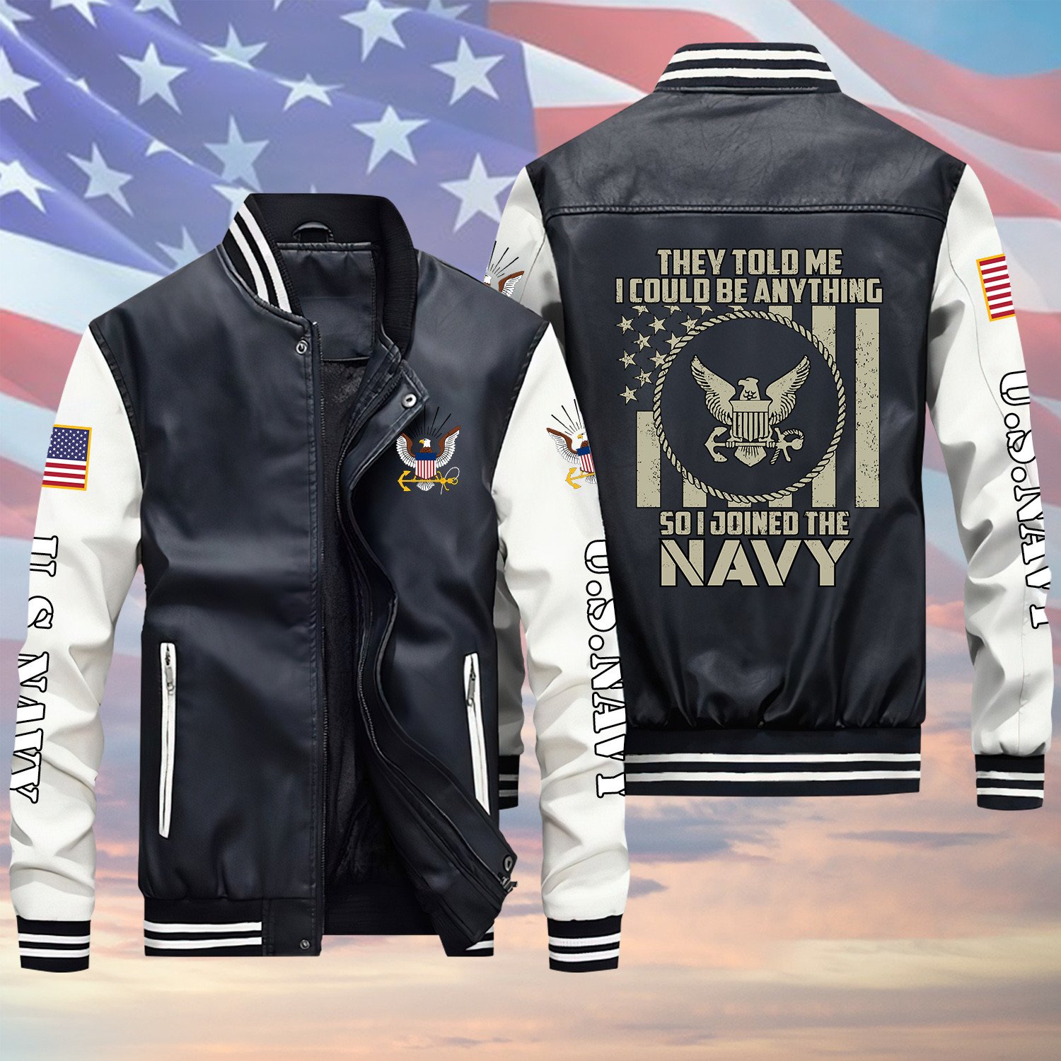 They Told Me I Could be Anything So I Joined The Navy US Veteran Black Winter Gear Leather Bomber Leterman Varsity Jacket