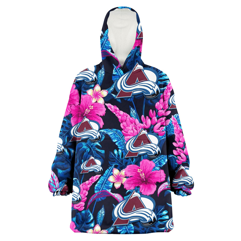 Colorado Avalanche Violet Red Hibiscus Blue Leaf Black Background 3D Printed Hoodie Blanket Snug Hoodie