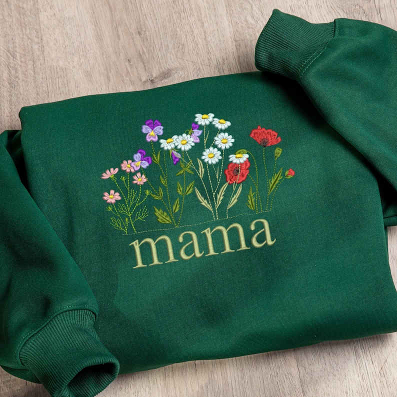 Wildflower Embroidered Sweatshirt Custom Name, Mama Flower Embroidered Hoodie, Lavender Tshirt, Cute Embroidered Flower Crew Neck Sweatshirt