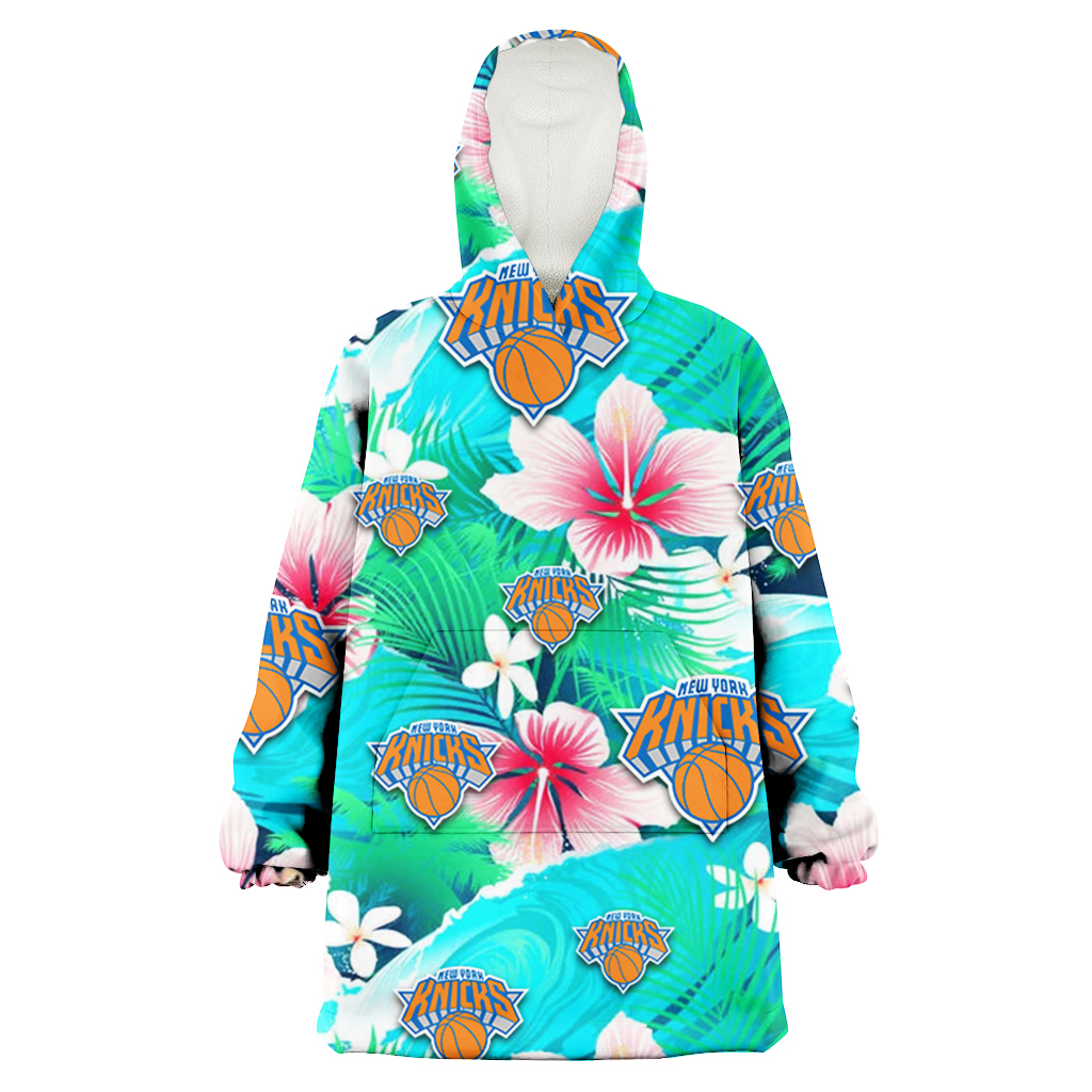 New York Knicks Pink Hibiscus Green Leaf Blue Background 3D Printed Hoodie Blanket Snug Hoodie