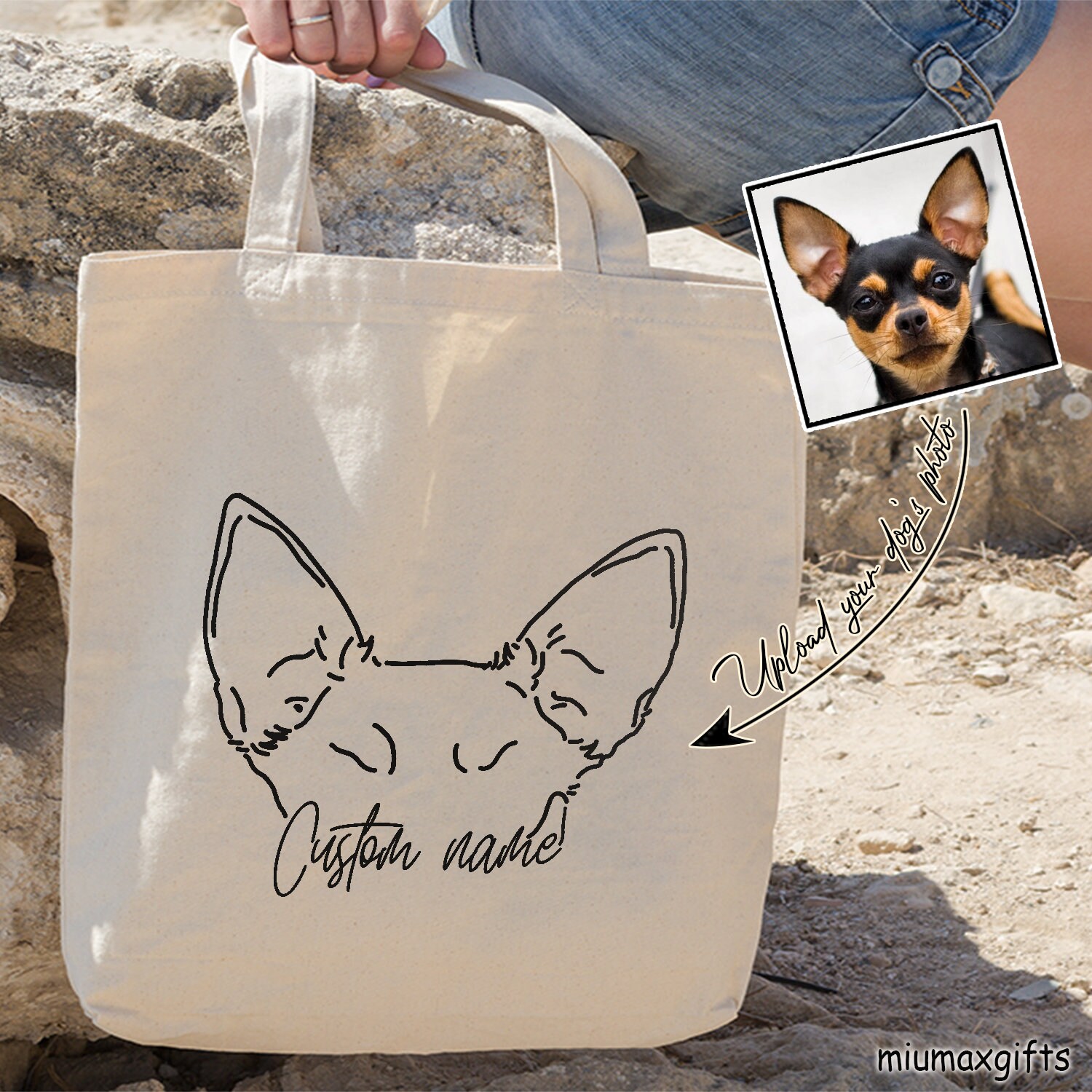 Custom Dog Ears Outline Tote Bag, Chihuahua Dog Ears Outline Bag, Dog Ears Line Art Bag, Dog Ears Drawing Bag, Dog Minimalist Art Bag