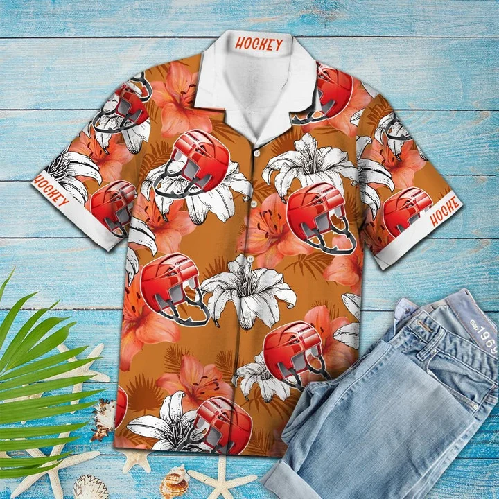 Flower Hawaiian Shirt Men, Vivid Flower And Hockey Helmet Gift For Hockey Lover Hawaiian Shirt