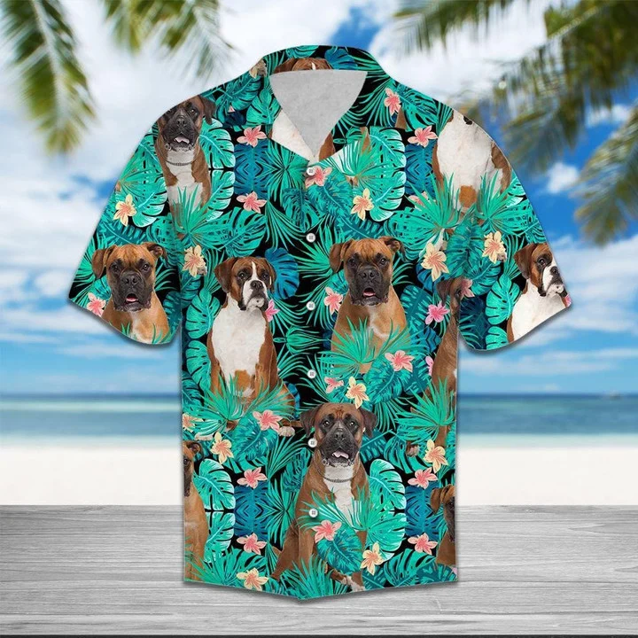 Boxer Hawaiian Shirts, Summer Shirts, Dog Lover Shirts, Cool Boxer Tropical Jungle Design Hawaiian Shirt