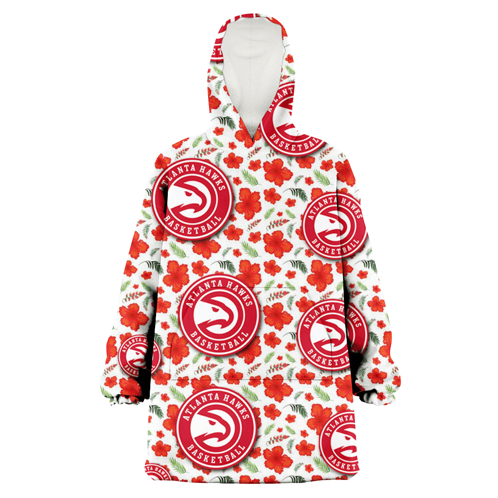 Atlanta Hawks Tiny Red Hibiscus Green Leaf White Cube Background 3D Printed Hoodie Blanket Snug Hoodie