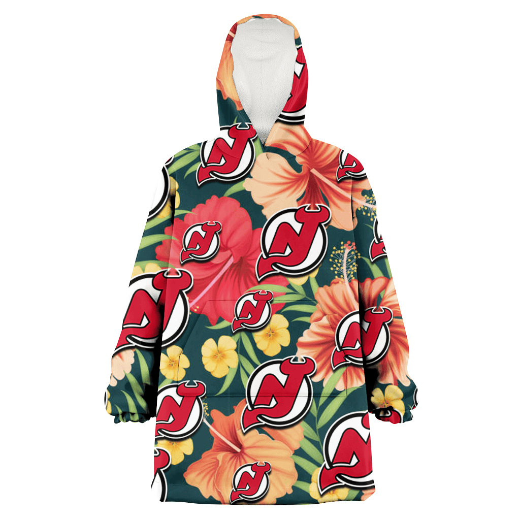 New Jersey Devils Orange Red Hibiscus Green Leaf Dark Background 3D Printed Hoodie Blanket Snug Hoodie