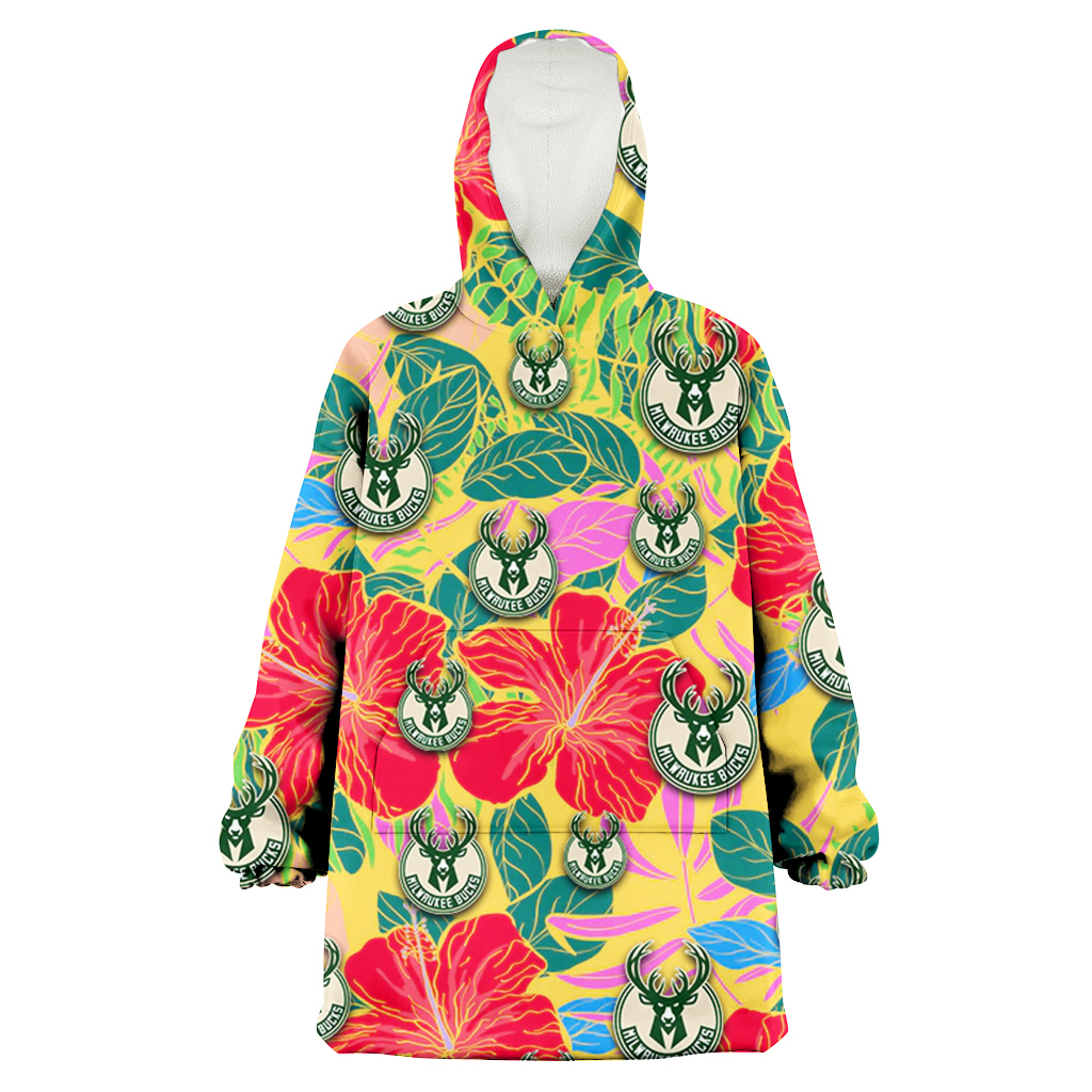 Milwaukee Bucks Red Hibiscus Green Blue Leaf Yellow Background 3D Printed Hoodie Blanket Snug Hoodie