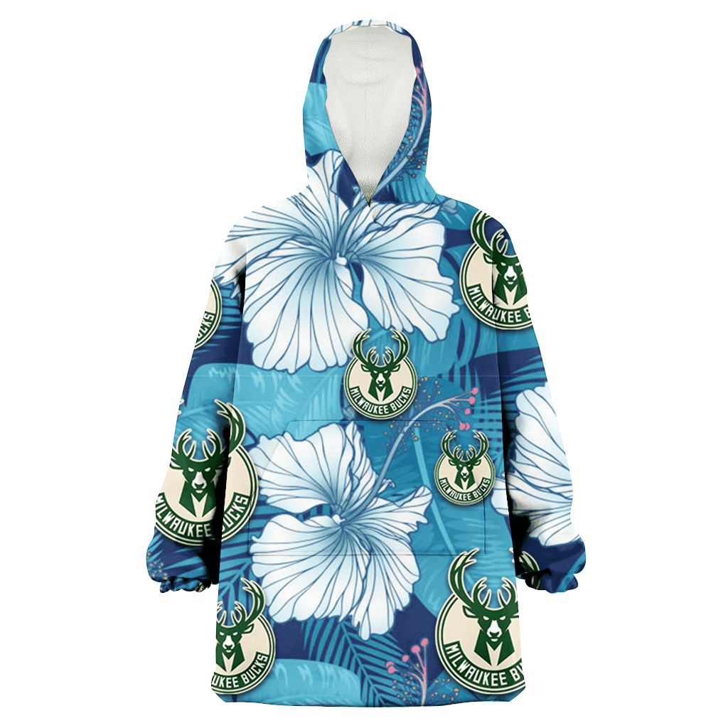 Milwaukee Bucks White Hibiscus Turquoise Banana Leaf Navy Background 3D Printed Hoodie Blanket Snug Hoodie