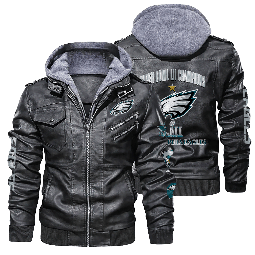 Philadelphia Eagles NFL Super Bowl LII Champions Zip Black Leather Jacket With Hood