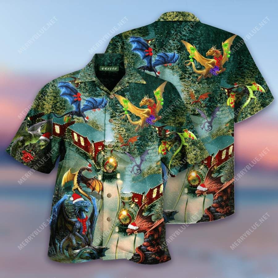 Dragons Christmas Train Blue Sky Hawaiian Aloha Shirts #h