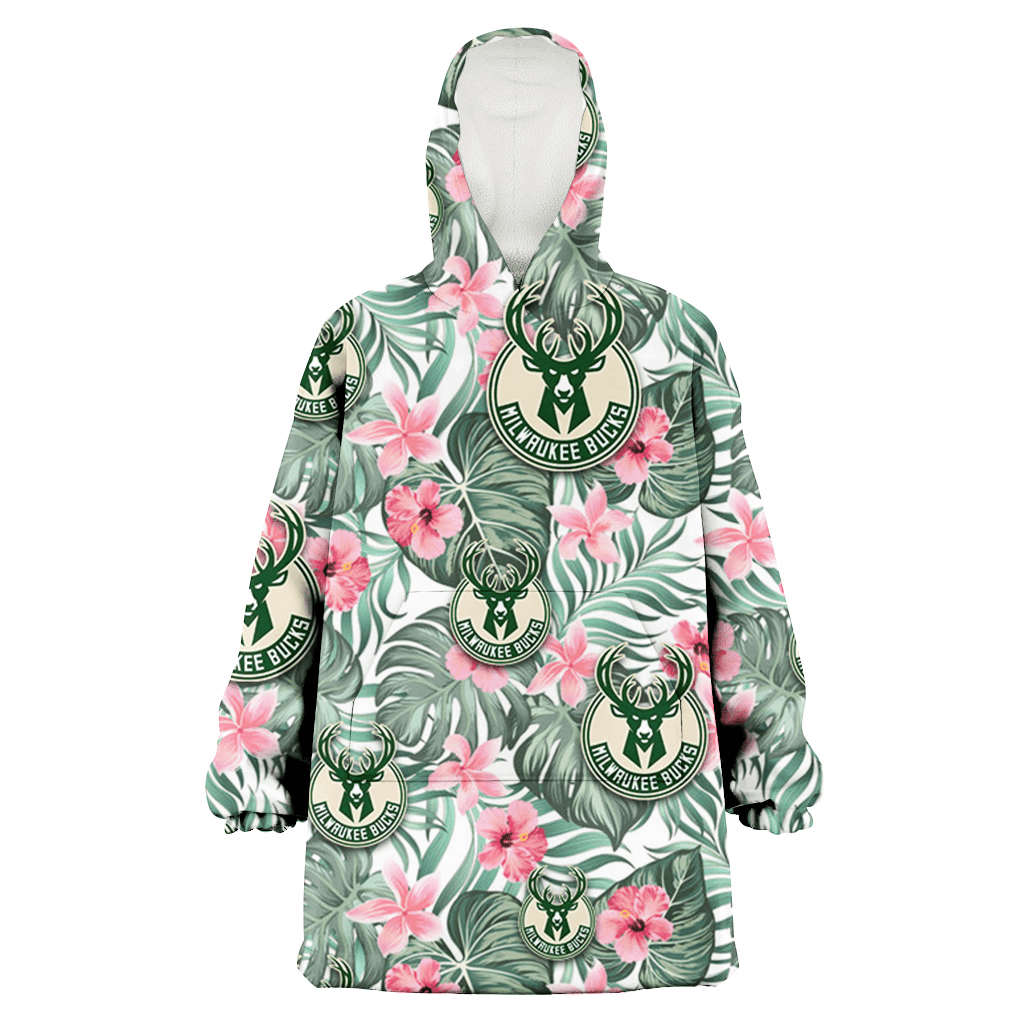 Milwaukee Bucks Pink Hibiscus Porcelain Flower Tropical Leaf White Background 3D Printed Hoodie Blanket Snug Hoodie