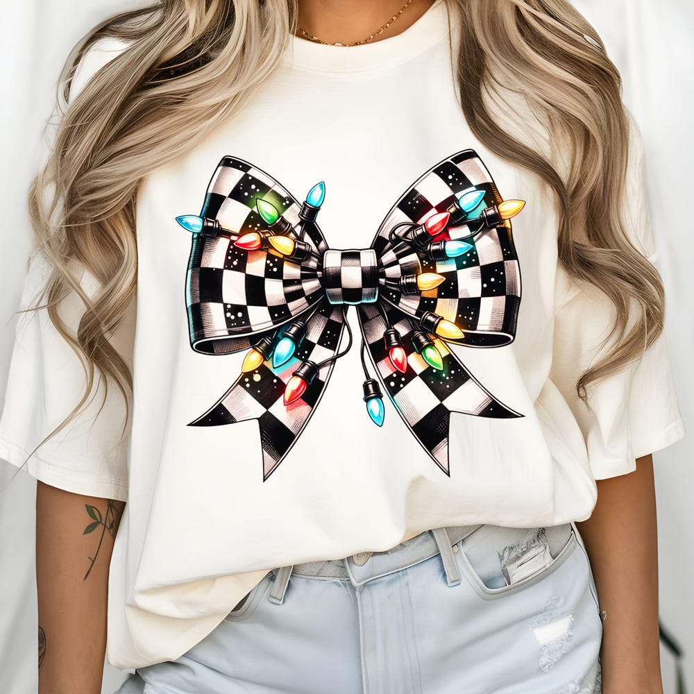 Coquette Christmas Shirt Sublimation Christmas Lights Bow Png Merry Christmas Sweatshirt Digital Print Png Checkered Christmas Coquette Png Comfort Meets Style | Shop24H