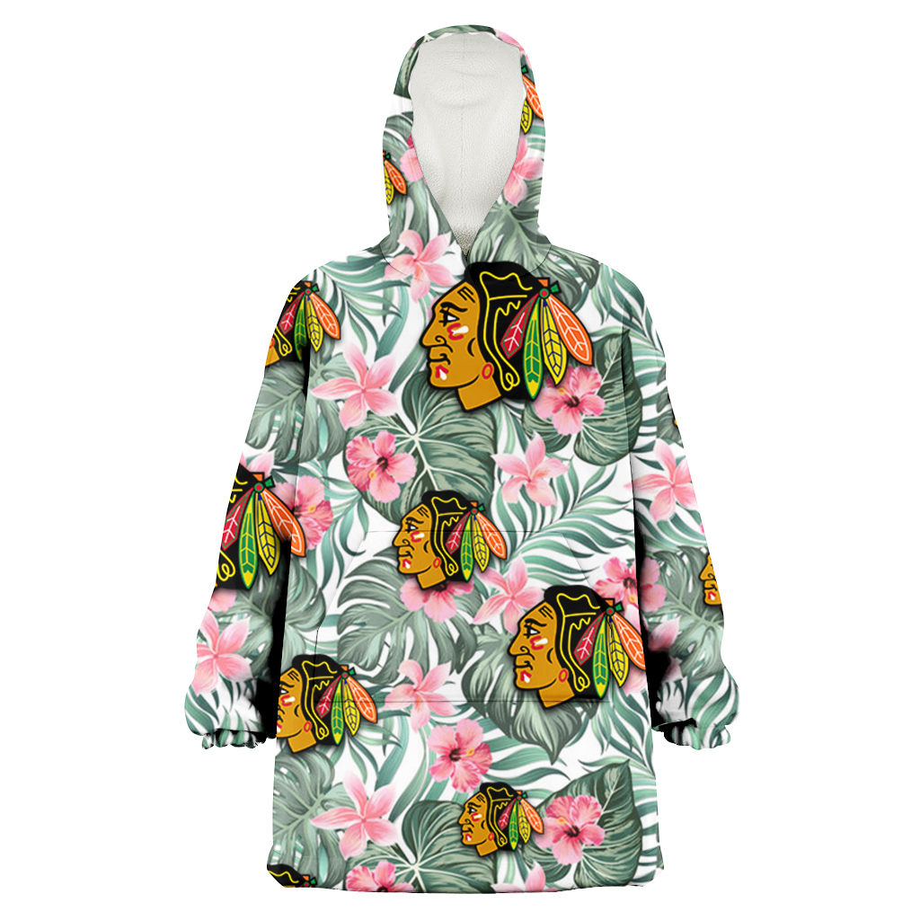 Chicago Blackhawks Pink Hibiscus Porcelain Flower Tropical Leaf White Background 3D Printed Hoodie Blanket Snug Hoodie