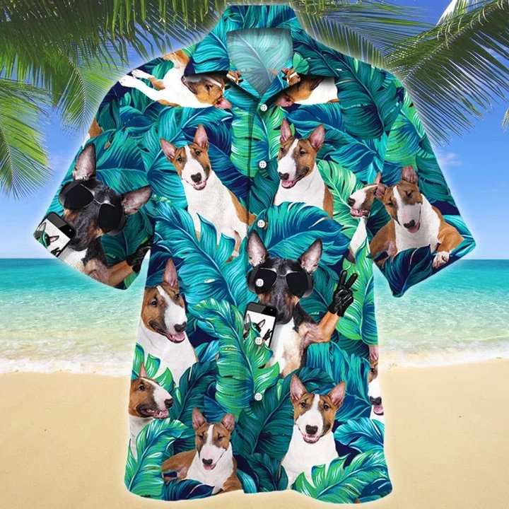 Miniature Bull Terrier Dog Summer Beach Palm Tree Hawaiian Shirt, Summer Aloha Hawaii Shirt For Men Women