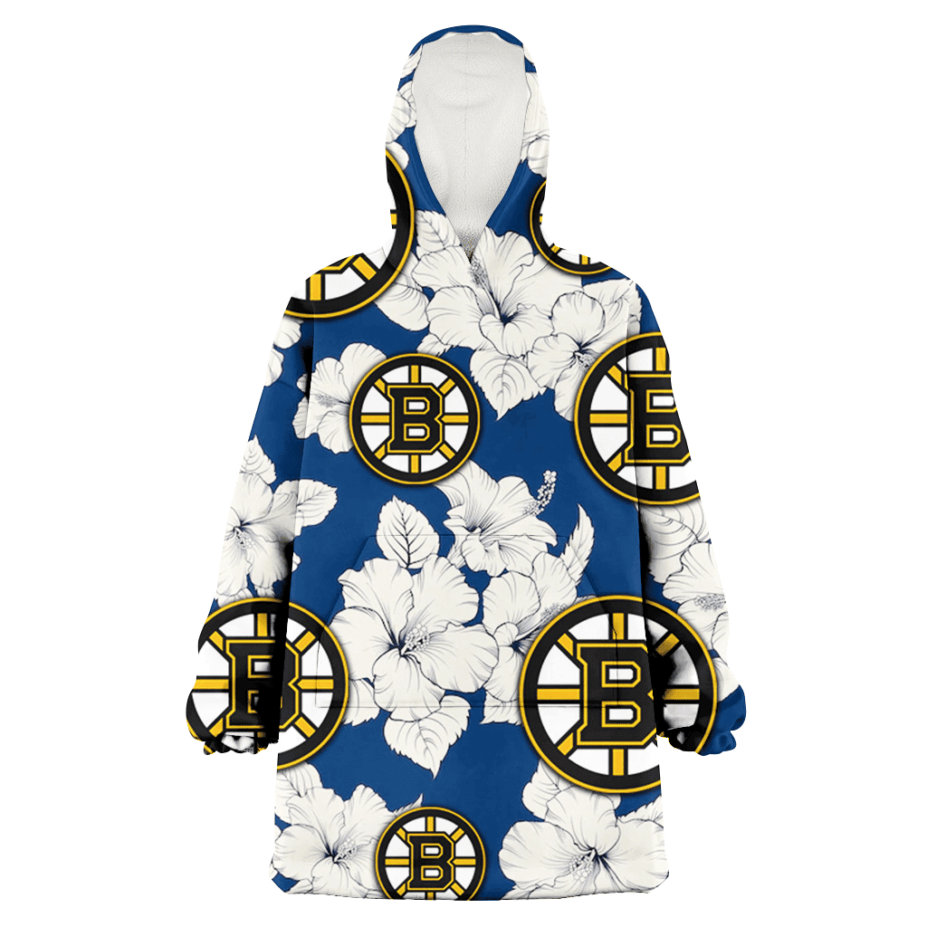 Boston Bruins White Big Hibiscus Blue Background 3D Printed Hoodie Blanket Snug Hoodie