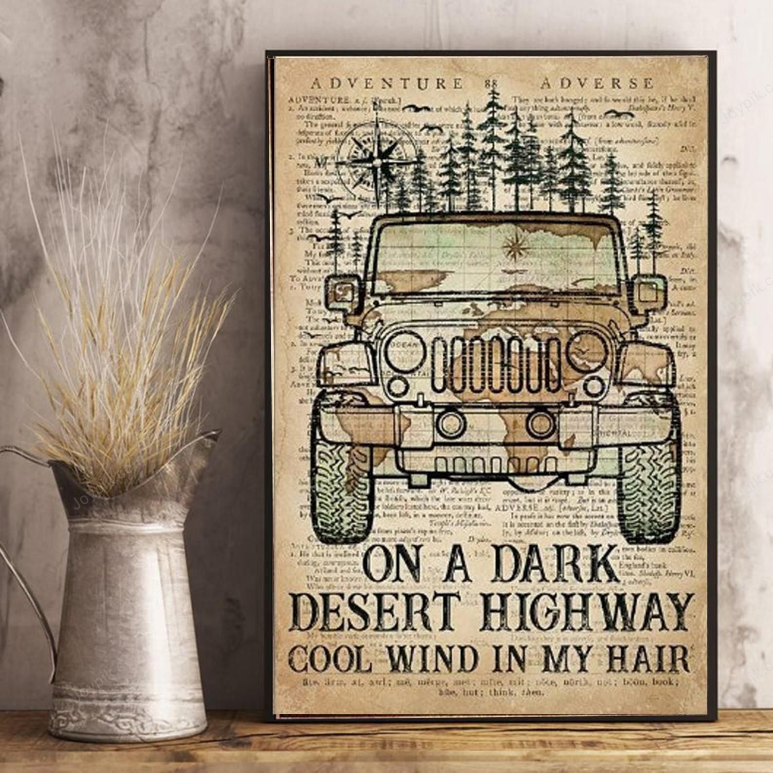 Retro Jeep poster, On a dark desert …