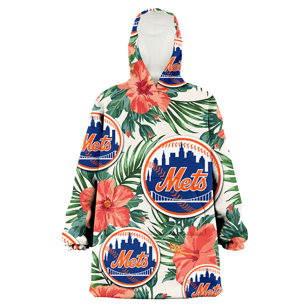 New York Mets Coral Hibiscus Green Leaf Beige Background 3D Printed Hoodie Blanket Snug Hoodie