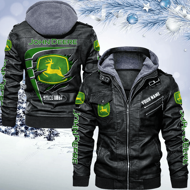 John Deere Zip Leather Jacket With Hood