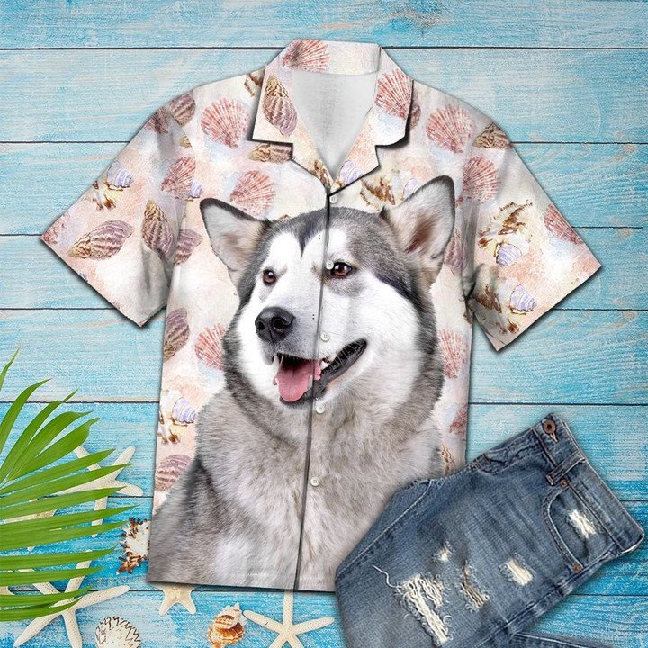 Summer Beach Seashells And Cute Alaskan Malamute Portrait Hawaiian Shirt, Short Sleeve Hawaiian Aloha Shirt