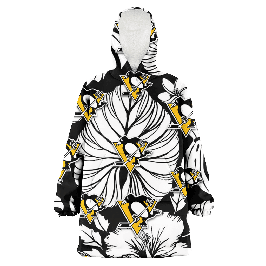 Pittsburgh Penguins White Hibiscus Porcelain Flower Palm Leaf Black 3D Printed Hoodie Blanket Snug Hoodie