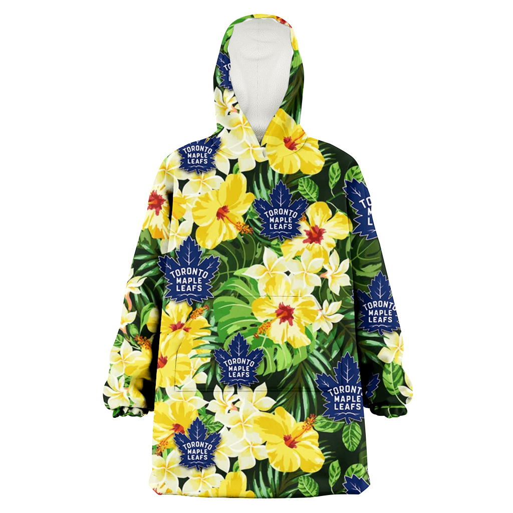 Toronto Maple Leafs Yellow Hibiscus Tropical Green Leaf Black Background 3D Printed Hoodie Blanket Snug Hoodie