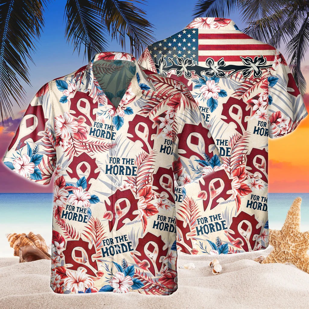 Funny World Of Warcraft Horde American Flag Hawaiian Shirts, Independence Day Hawaii Aloha Beach Shirt