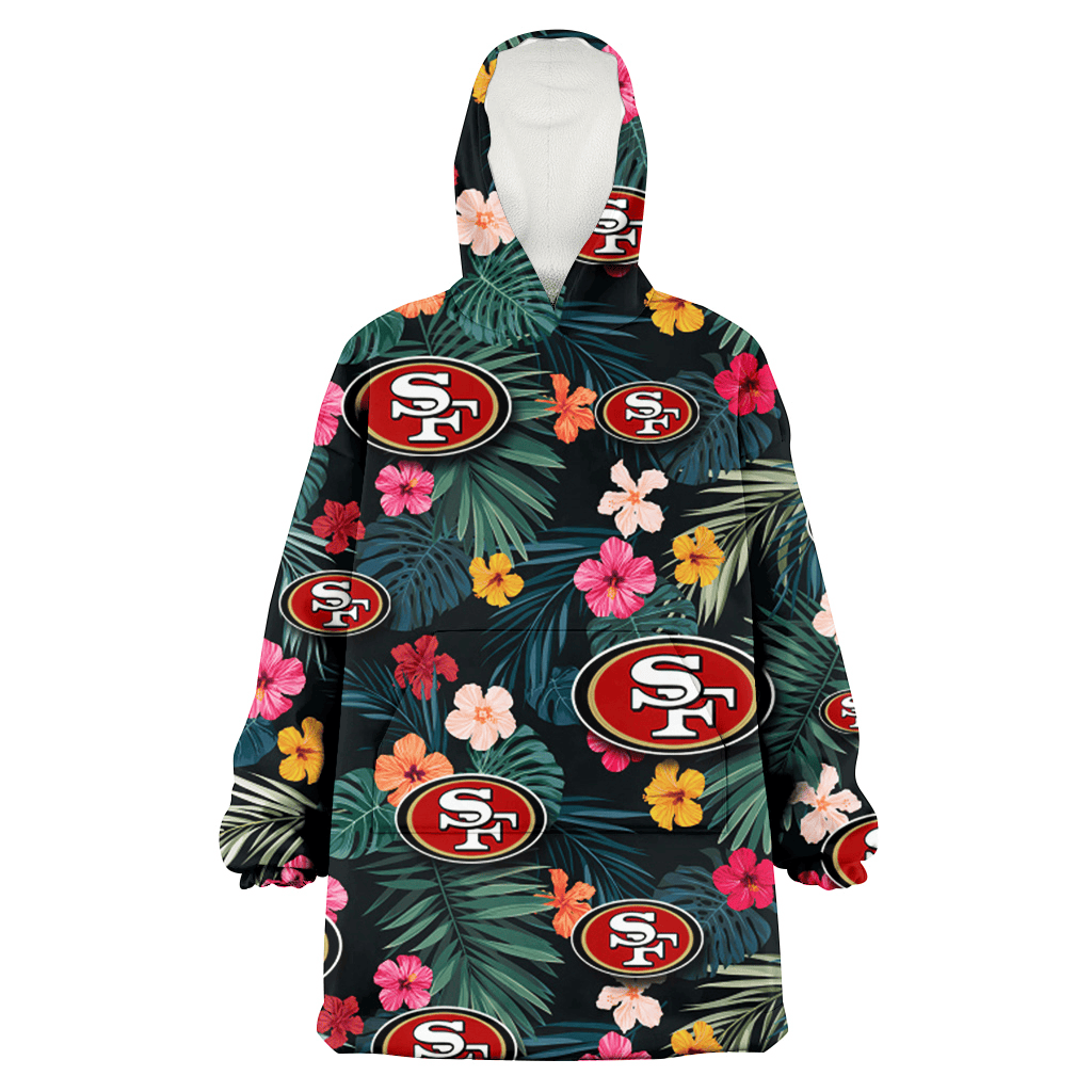 San Francisco 49ers Pink Yellow Orange Hibiscus Big Tropical Leaf Black Background 3D Printed Hoodie Blanket Snug Hoodie