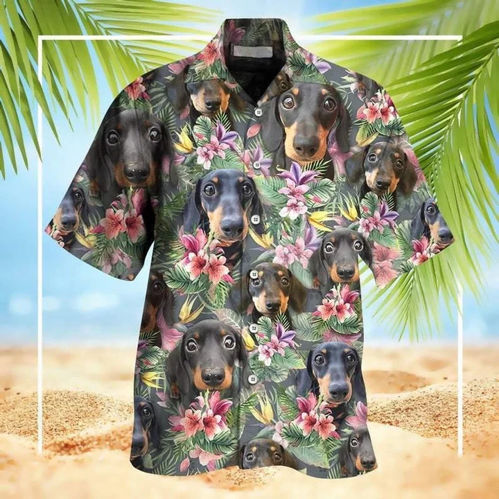 Funny Moment Of Dachshund In Tropical Jungle Hawaiian Shirt