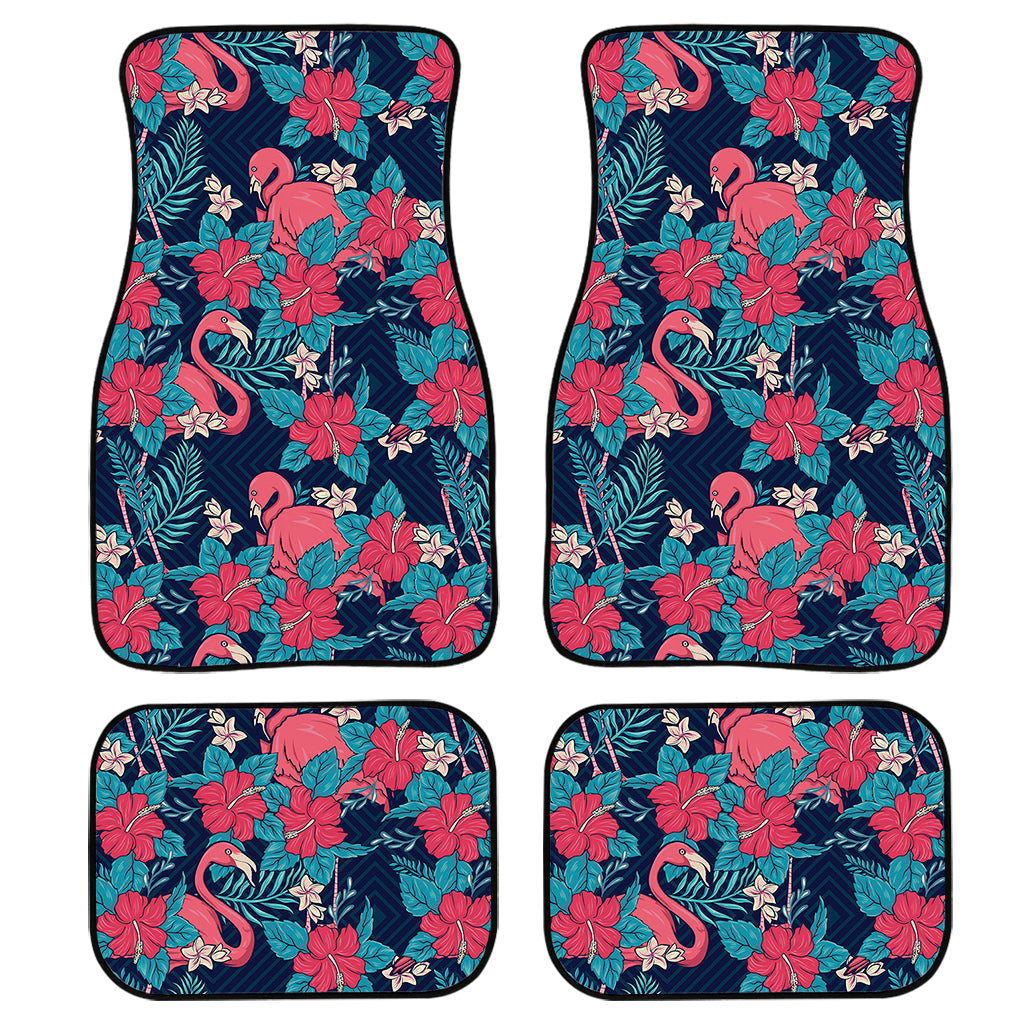 Flamingo And Hawaiian Floral Print Front And Back Car Floor Mats, Front Car Mat