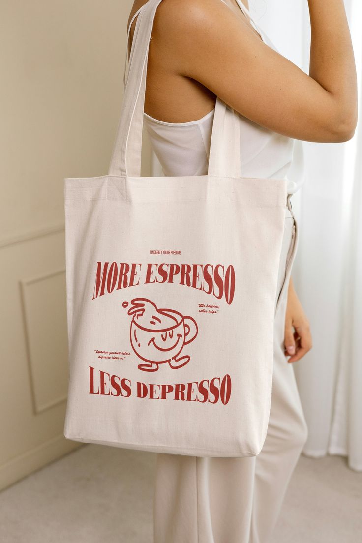 More espresso less depresso retro comic mug tote bag coffee lover gift sustainable bag Y2K aesthetic funny meme wellness girl breakfast 90s, Best Tote Bags Ideas, Cute Tote Bags Ideas, Tote Bag Design Ideas, Girls Tote Bag, Best Canvas Tote Bags Ideas