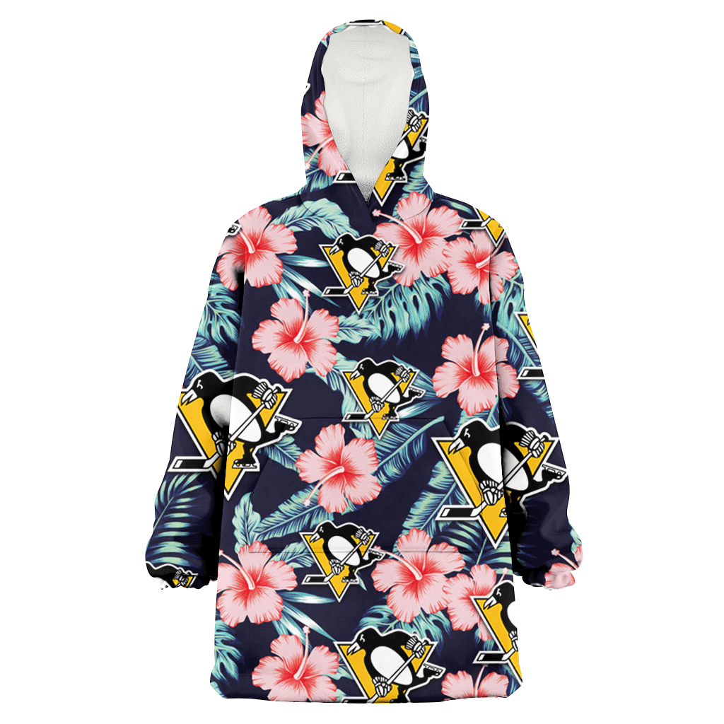 Pittsburgh Penguins Coral Hibiscus Green Banana Leaf Black Background 3D Printed Hoodie Blanket Snug Hoodie