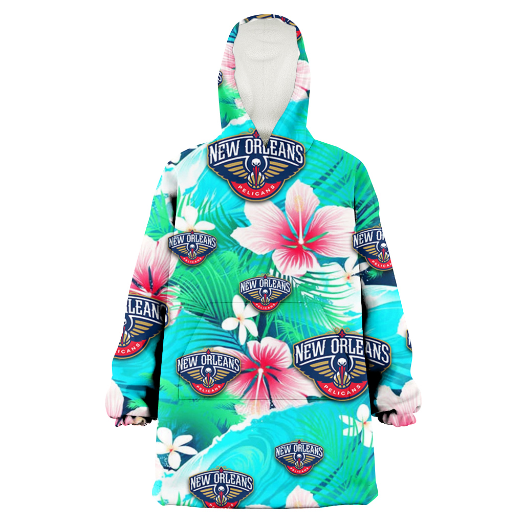 New Orlean Pelicans Pink Hibiscus Green Leaf Blue Background 3D Printed Hoodie Blanket Snug Hoodie