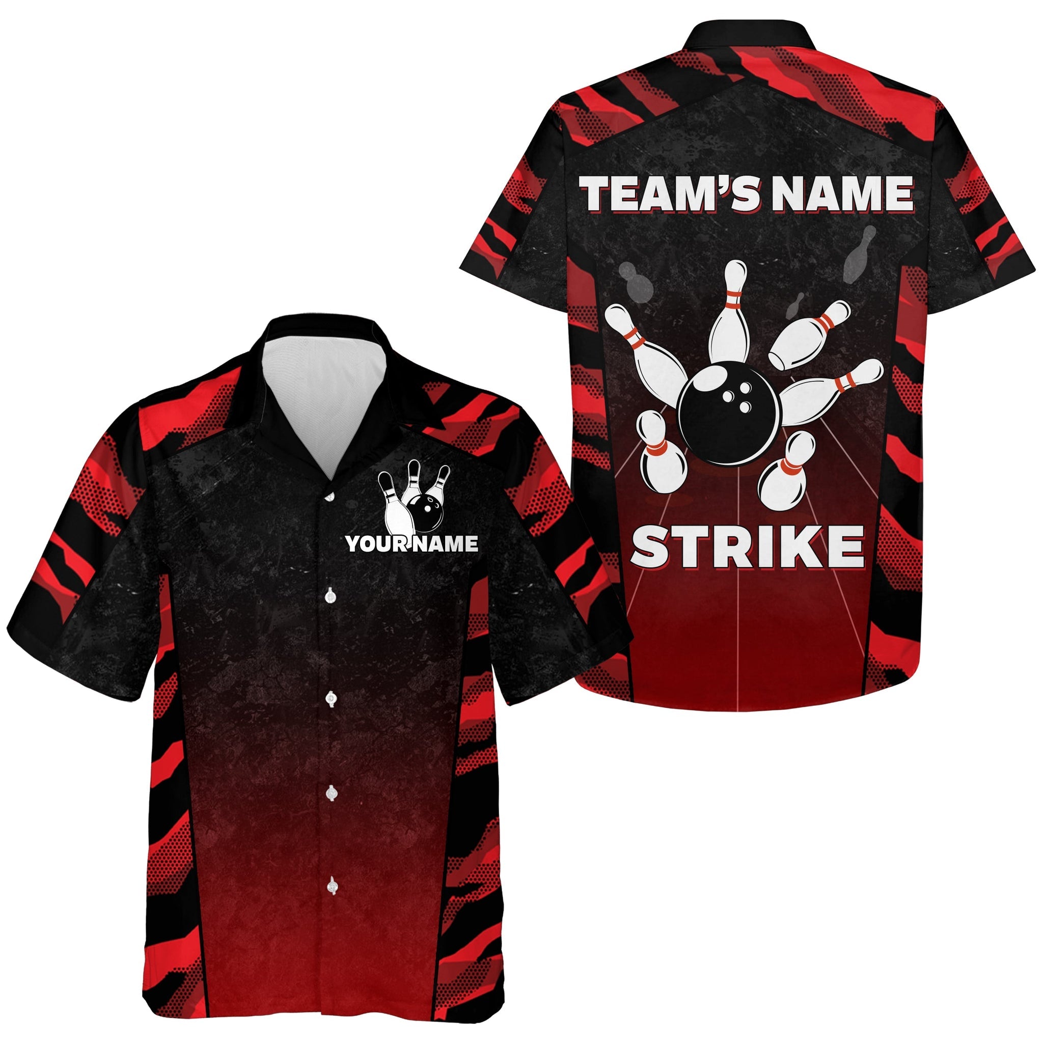 Red Camo Hawaiian Bowling Shirt For Men Custom Name Team Name Bowling 3D Hawaiian Strike Bowling Shirt