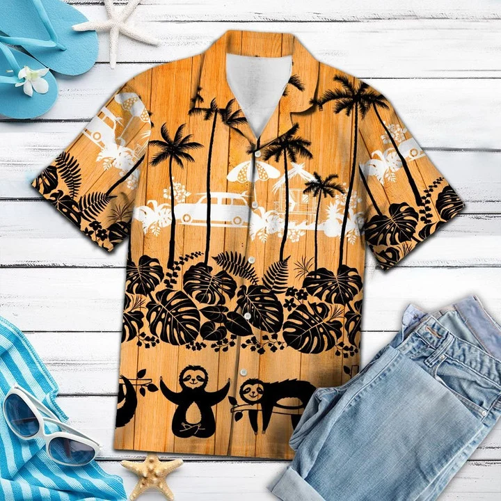 Sloth Palm Tree Sunset Lovers Pattern Hawaiian Shirt