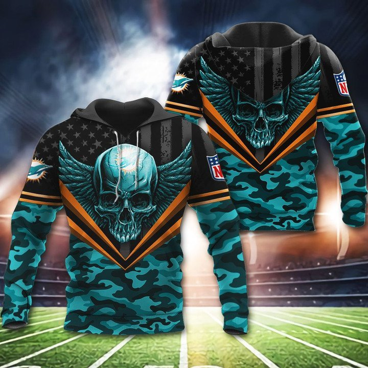 Miami Dolphins Hoodie Skull Wings 3D Hoodie Zip Hoodie, Sports-Team 3D All Over Print Hoodie Zip Hoodie Aop Shirt