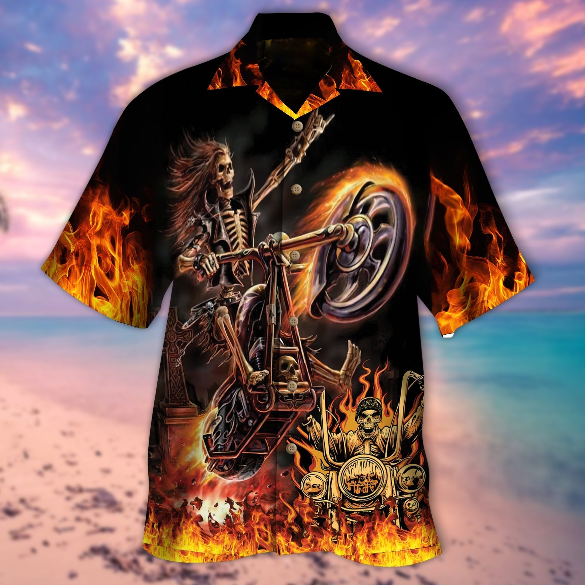 Ghost Rider On Fire Full Printed Hawaii Aloha Beach Shirt, Summer Skull Hawaiian Shirts