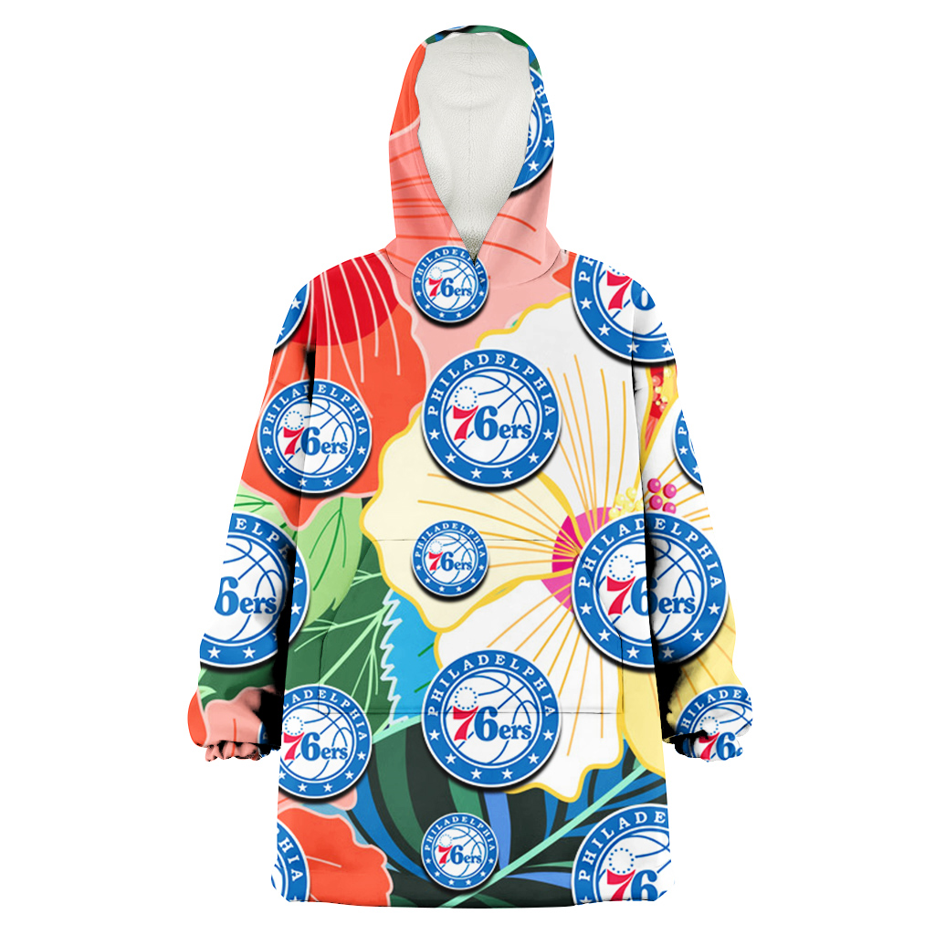 Philadelphia 76ers Orange White Tropical Hibiscus Green Leaf 3D Printed Hoodie Blanket Snug Hoodie