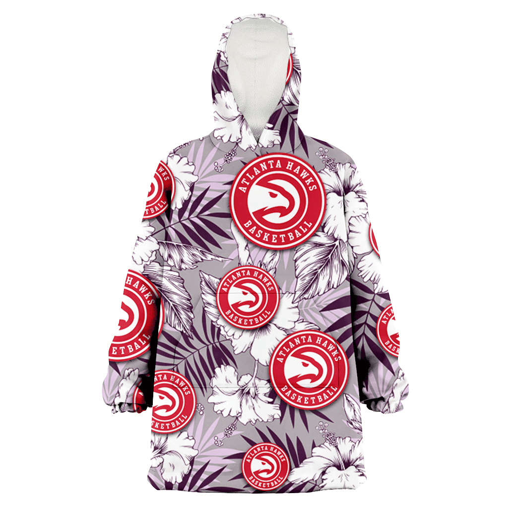 Atlanta Hawks White Hibiscus Violet Leaves Light Grey Background 3D Printed Hoodie Blanket Snug Hoodie