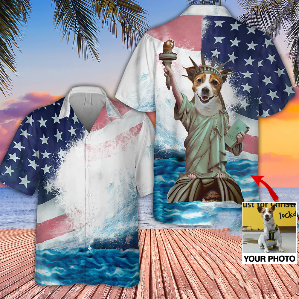 Custom Photo Dog Liberty Statue Hawaiian Shirt, Us Flag Color Shirt, Hawaiian Shirt For Dog Lover